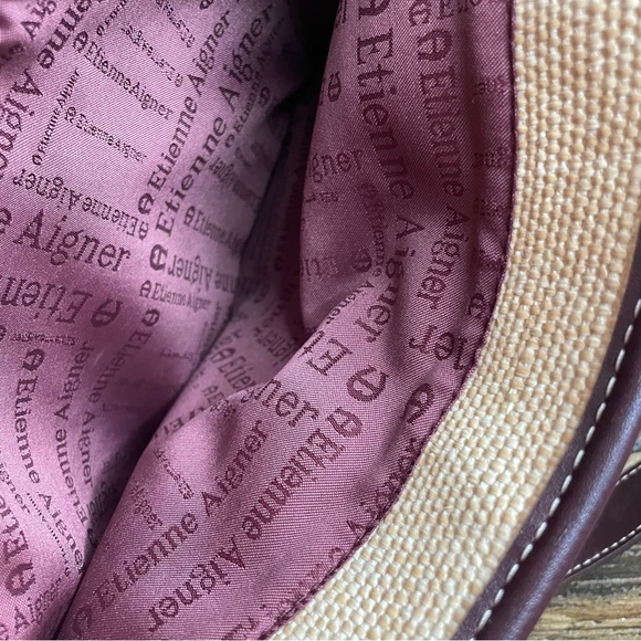 Etienne Aigner woven tan jute handbag with burgundy trim - Picture 2 of 16
